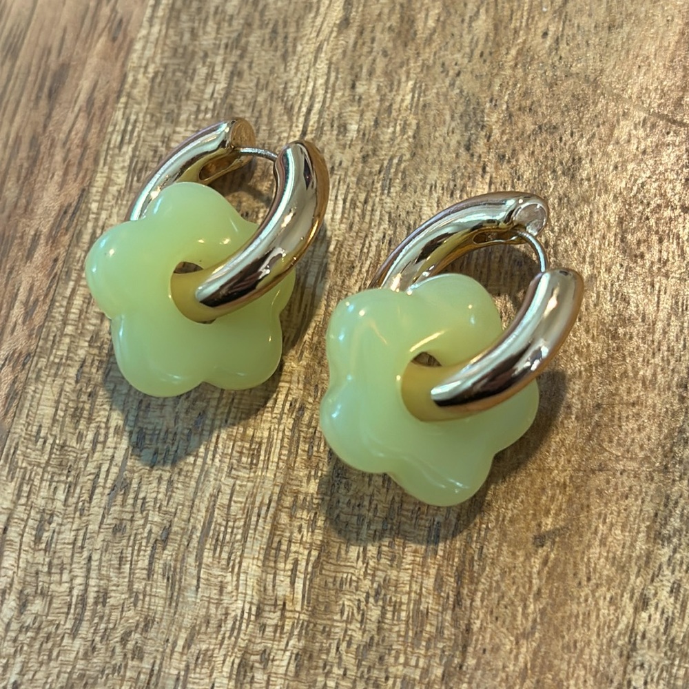 Green Flower Huggie Earrings